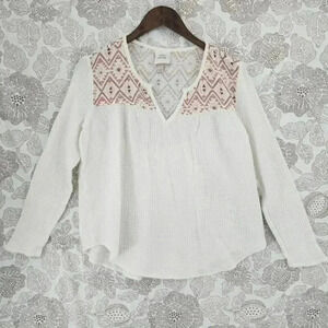 Knox Rose Cotton Gauze Aztec Crewneck Slit‎ Women's Blouse Long sleeve Size 1